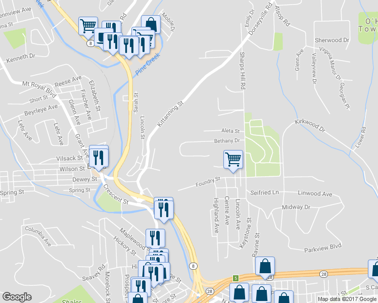 map of restaurants, bars, coffee shops, grocery stores, and more near 55 Bethany Drive in Pittsburgh