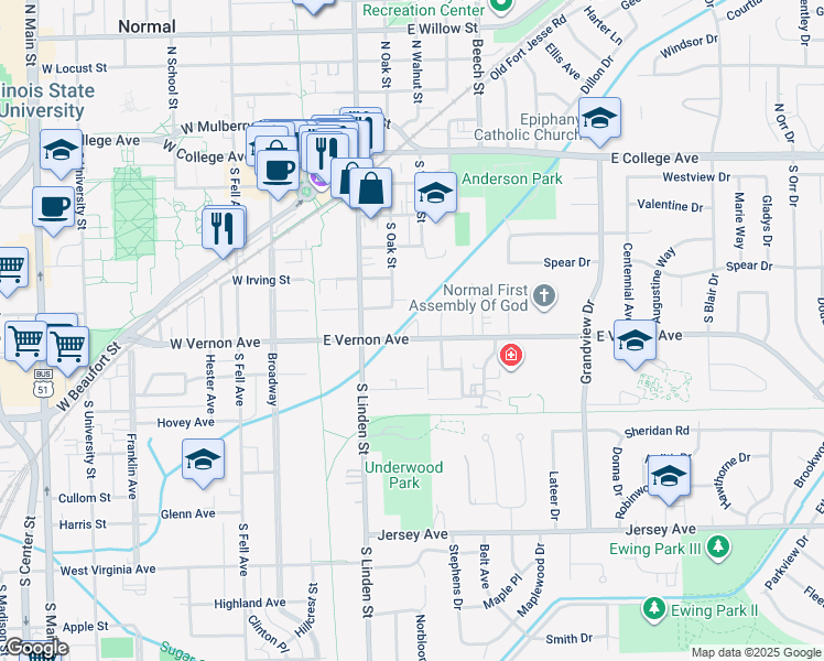 map of restaurants, bars, coffee shops, grocery stores, and more near 210 East Vernon Avenue in Normal