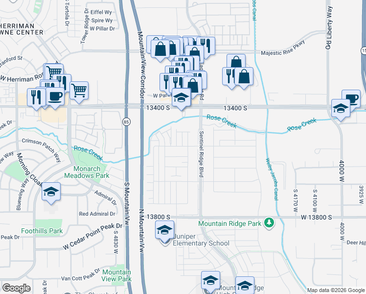 map of restaurants, bars, coffee shops, grocery stores, and more near 4555 West 13400 South in Riverton