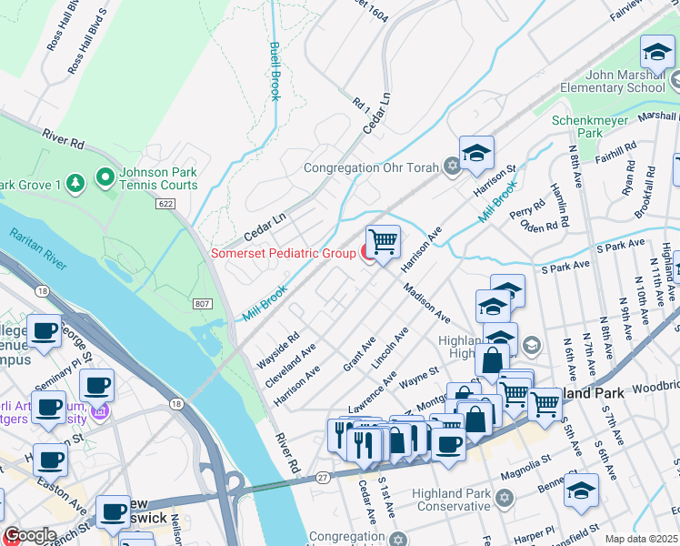 map of restaurants, bars, coffee shops, grocery stores, and more near 306 Dickson Court in Highland Park