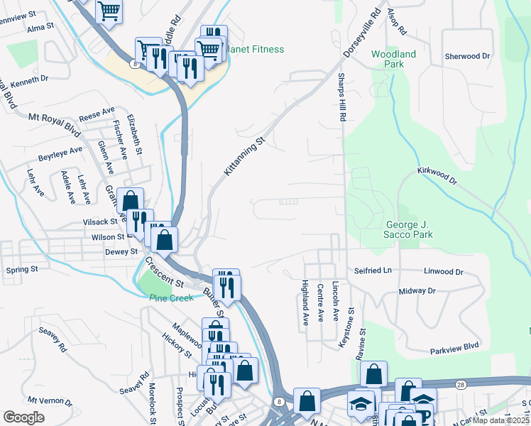 map of restaurants, bars, coffee shops, grocery stores, and more near 55A Bethany Drive in Pittsburgh