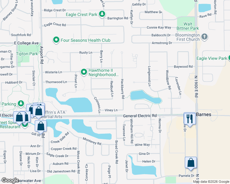 map of restaurants, bars, coffee shops, grocery stores, and more near 1903 Redbud Lane in Bloomington