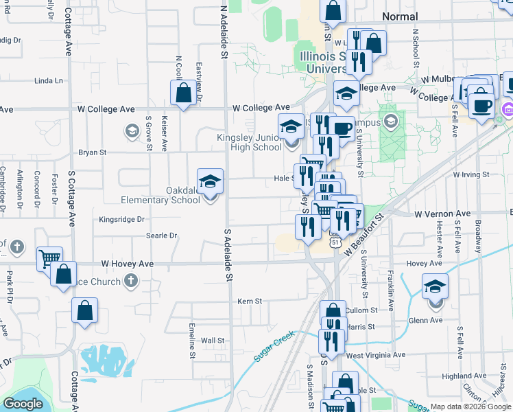 map of restaurants, bars, coffee shops, grocery stores, and more near 802 Osage Street in Normal