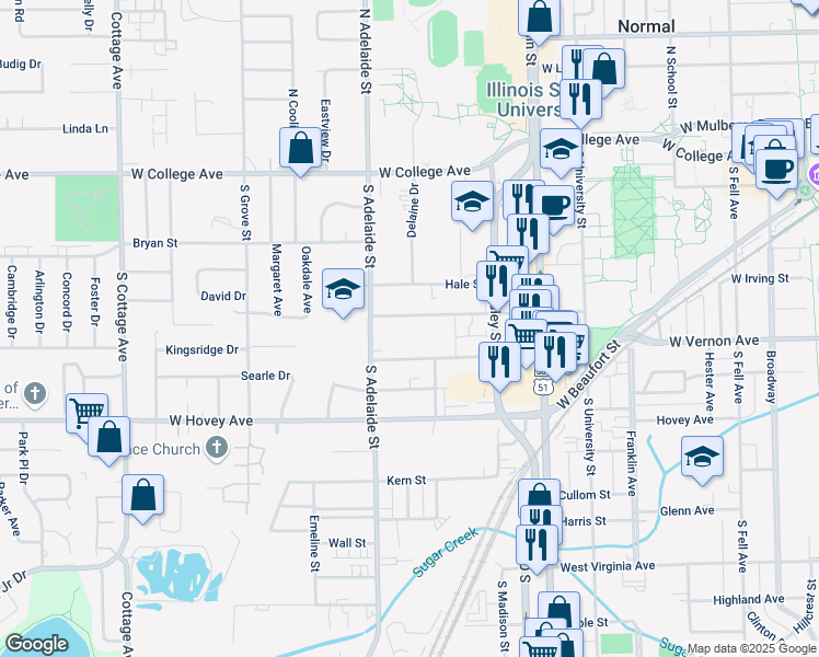 map of restaurants, bars, coffee shops, grocery stores, and more near 802 Osage Street in Normal