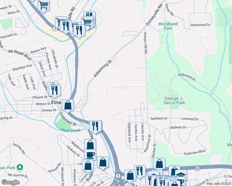 map of restaurants, bars, coffee shops, grocery stores, and more near 55A Bethany Drive in Pittsburgh