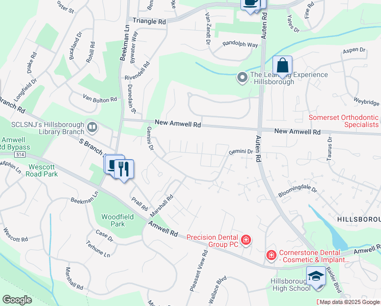 map of restaurants, bars, coffee shops, grocery stores, and more near 348 Gemini Drive in Somerset County