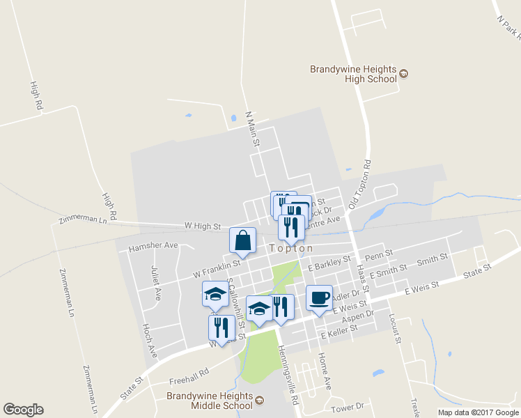 map of restaurants, bars, coffee shops, grocery stores, and more near 113 North Cherry Street in Topton