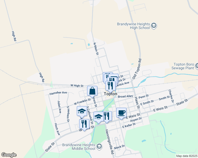 map of restaurants, bars, coffee shops, grocery stores, and more near 113 North Cherry Street in Topton
