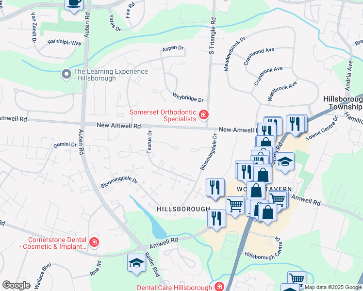 map of restaurants, bars, coffee shops, grocery stores, and more near 53 New Amwell Road in Somerset County
