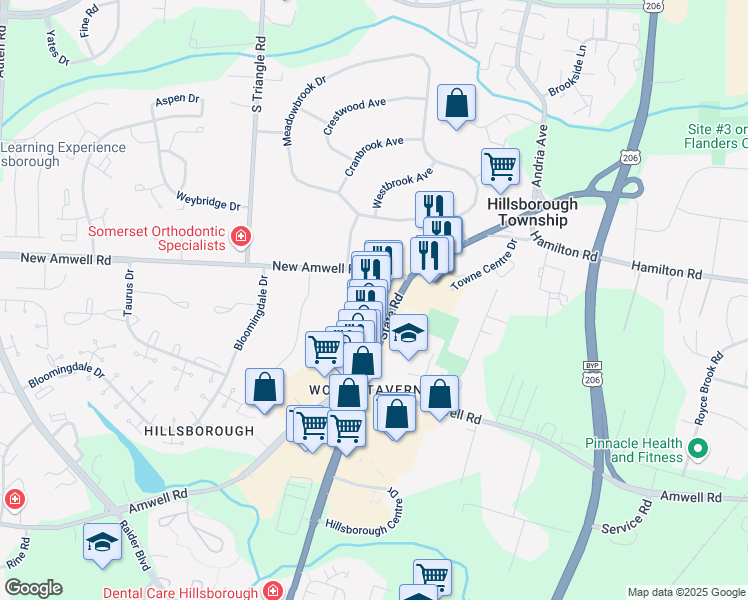 map of restaurants, bars, coffee shops, grocery stores, and more near 11 New Amwell Road in Hillsborough Township