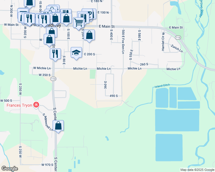 map of restaurants, bars, coffee shops, grocery stores, and more near 415 360 East in Midway