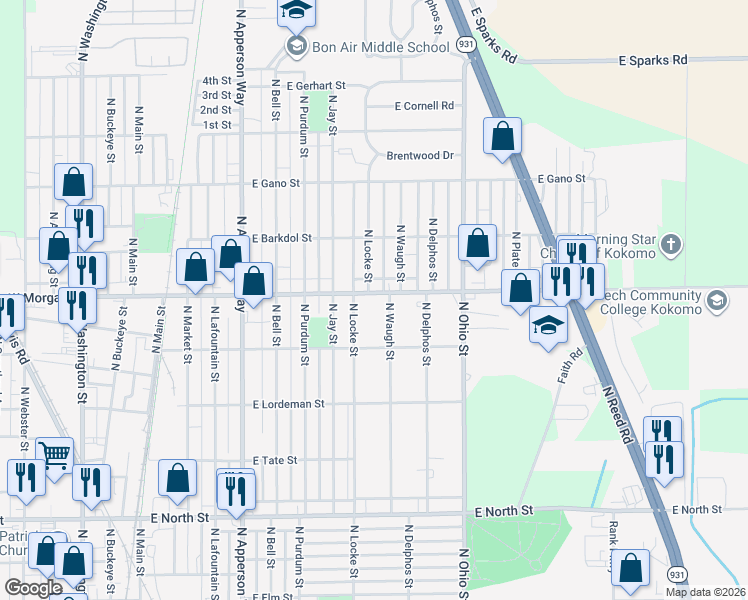 map of restaurants, bars, coffee shops, grocery stores, and more near 2114 N Locke St in Kokomo