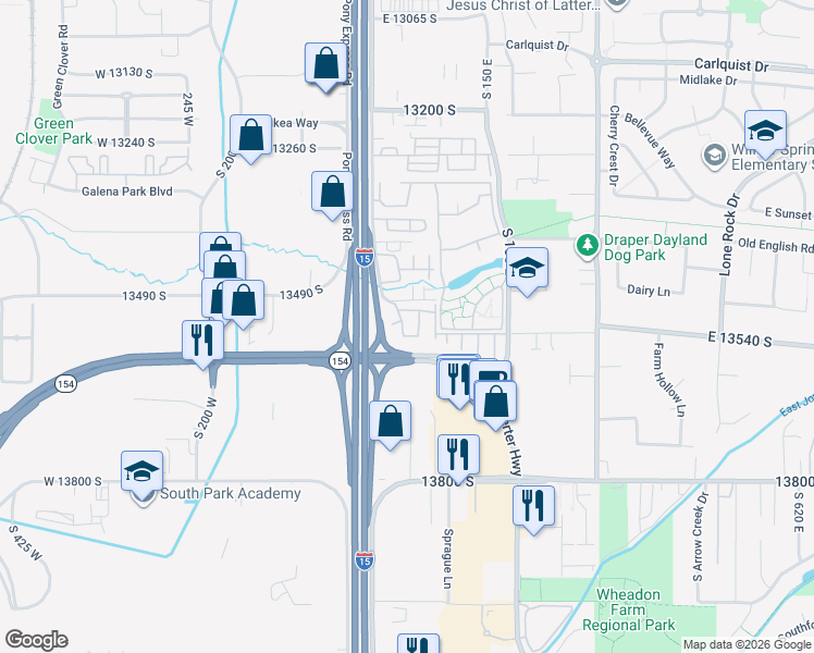 map of restaurants, bars, coffee shops, grocery stores, and more near 53 Bella Monte Drive in Draper