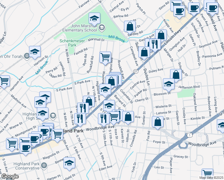 map of restaurants, bars, coffee shops, grocery stores, and more near 1177-1191 Raritan Avenue in Highland Park