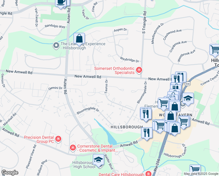 map of restaurants, bars, coffee shops, grocery stores, and more near 67 New Amwell Road in Somerset County