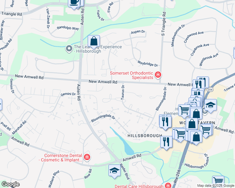 map of restaurants, bars, coffee shops, grocery stores, and more near 67 New Amwell Road in Somerset County