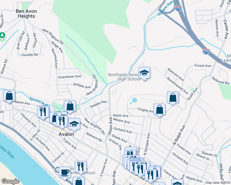 map of restaurants, bars, coffee shops, grocery stores, and more near 19 Hillcrest Drive in Bellevue