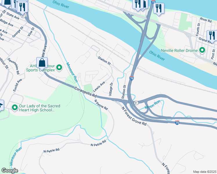 map of restaurants, bars, coffee shops, grocery stores, and more near 1191 Lewis Avenue in Coraopolis