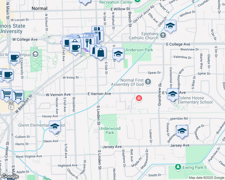 map of restaurants, bars, coffee shops, grocery stores, and more near 410 South Oak Street in Normal