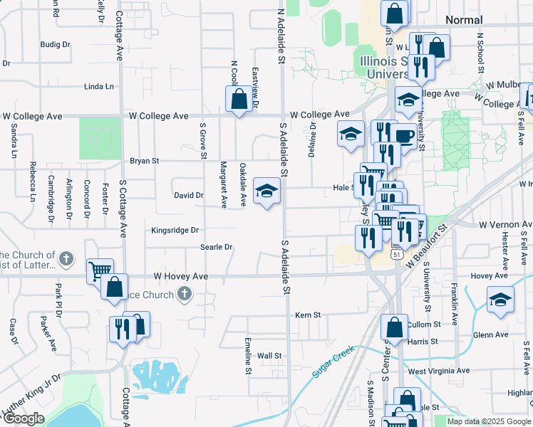 map of restaurants, bars, coffee shops, grocery stores, and more near 7 Hale Court in Normal