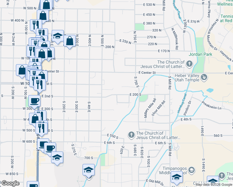 map of restaurants, bars, coffee shops, grocery stores, and more near 593 East 200 South in Heber City