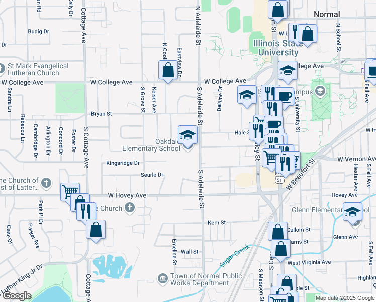 map of restaurants, bars, coffee shops, grocery stores, and more near 601 South Adelaide Street in Normal