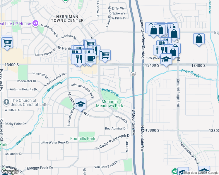 map of restaurants, bars, coffee shops, grocery stores, and more near 4937 Atala Way in Riverton