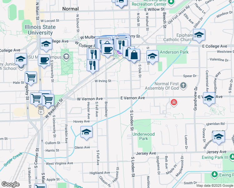 map of restaurants, bars, coffee shops, grocery stores, and more near 510 Broadway in Normal