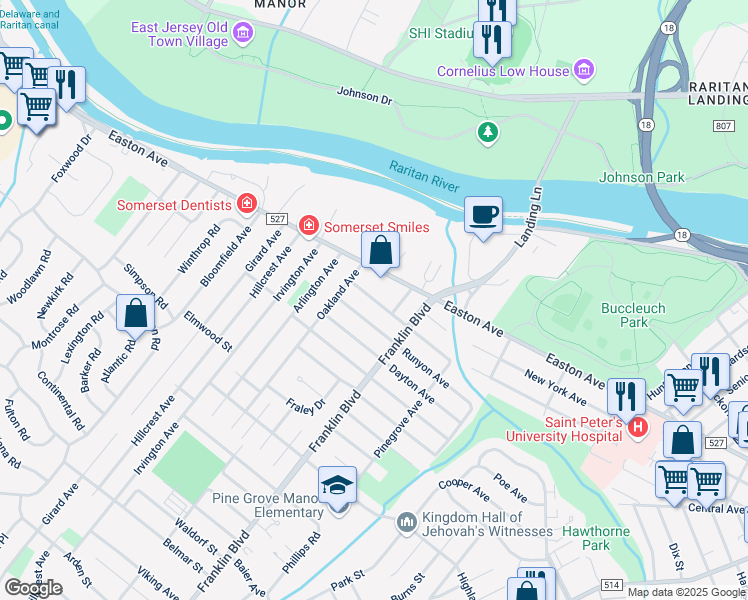 map of restaurants, bars, coffee shops, grocery stores, and more near 562 Easton Avenue in Franklin Township