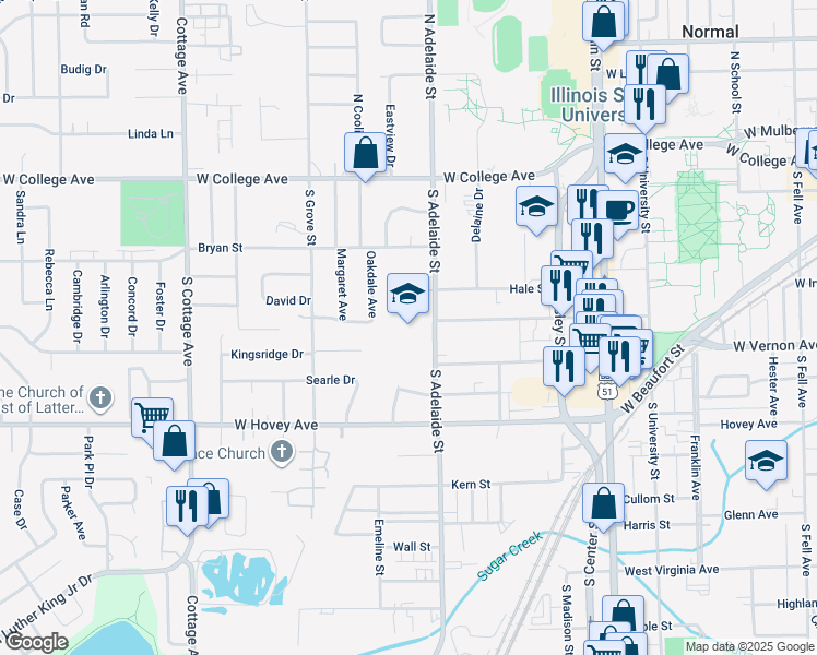 map of restaurants, bars, coffee shops, grocery stores, and more near 601 South Adelaide Street in Normal
