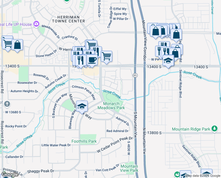 map of restaurants, bars, coffee shops, grocery stores, and more near 4939 Atala Way in Riverton