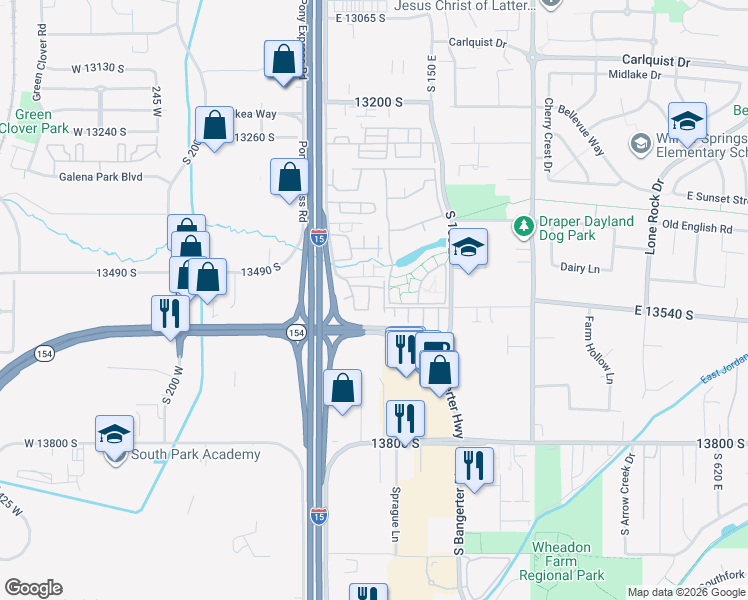 map of restaurants, bars, coffee shops, grocery stores, and more near 13545 South Villa Rosa Way in Draper