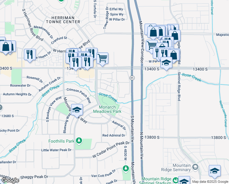 map of restaurants, bars, coffee shops, grocery stores, and more near 13533 Skipperling Lane in Riverton