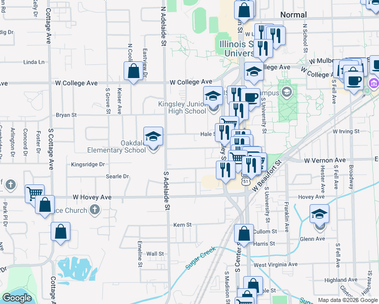 map of restaurants, bars, coffee shops, grocery stores, and more near 722 Dale Street in Normal