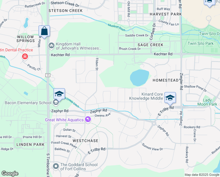 map of restaurants, bars, coffee shops, grocery stores, and more near 2532 Owl Creek Drive in Fort Collins
