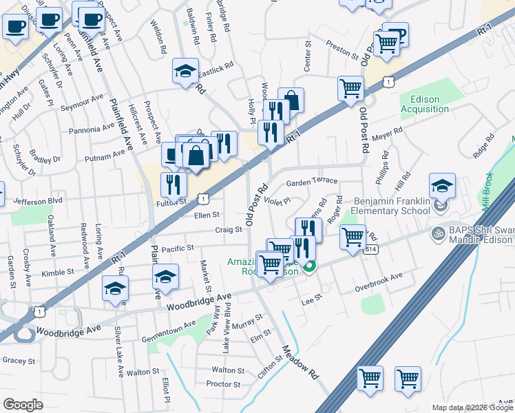 map of restaurants, bars, coffee shops, grocery stores, and more near 132 Old Post Road in Edison