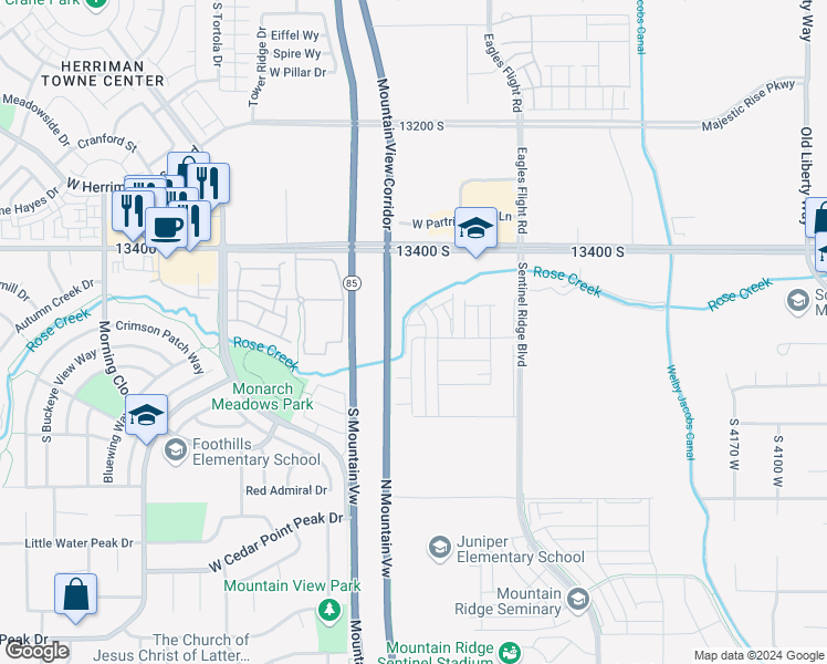 map of restaurants, bars, coffee shops, grocery stores, and more near Mountain View Corridor in Riverton
