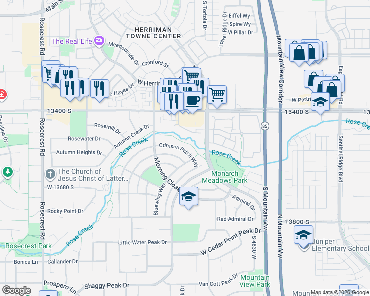 map of restaurants, bars, coffee shops, grocery stores, and more near 5106 Crimson Patch Way in Riverton