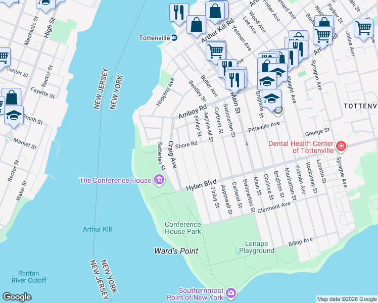 map of restaurants, bars, coffee shops, grocery stores, and more near 54 Finlay Street in Staten Island