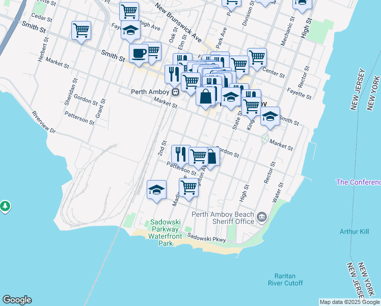 map of restaurants, bars, coffee shops, grocery stores, and more near 188 1st Street in Perth Amboy