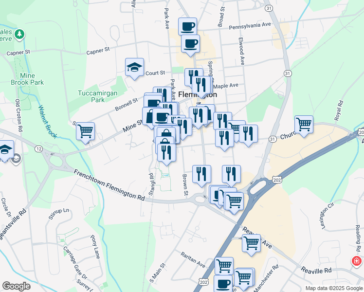 map of restaurants, bars, coffee shops, grocery stores, and more near 14 Turntable Junction in Flemington