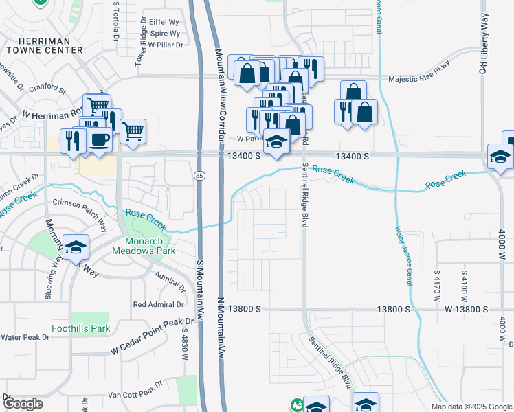 map of restaurants, bars, coffee shops, grocery stores, and more near 13528 Commodus Drive in Riverton