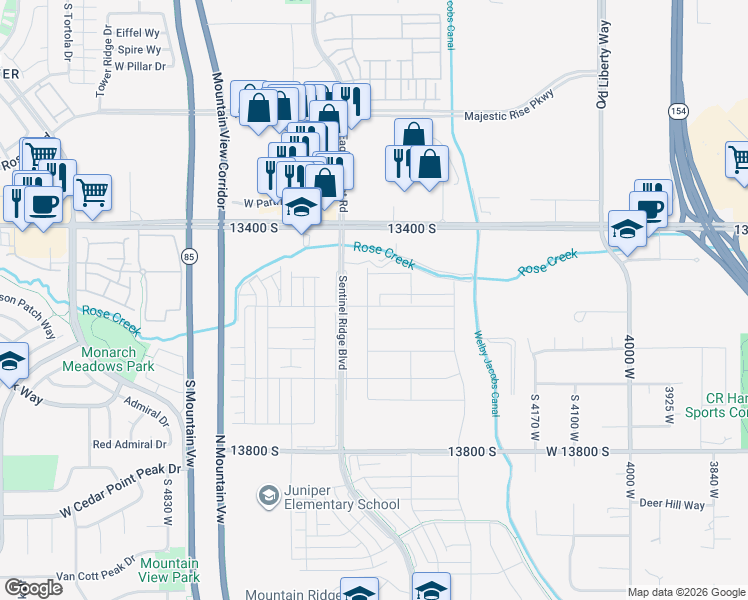 map of restaurants, bars, coffee shops, grocery stores, and more near 13539 Zola Drive in Riverton