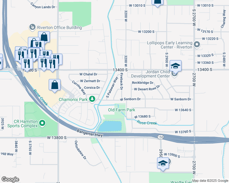 map of restaurants, bars, coffee shops, grocery stores, and more near 13501 South Palawan Way in Riverton