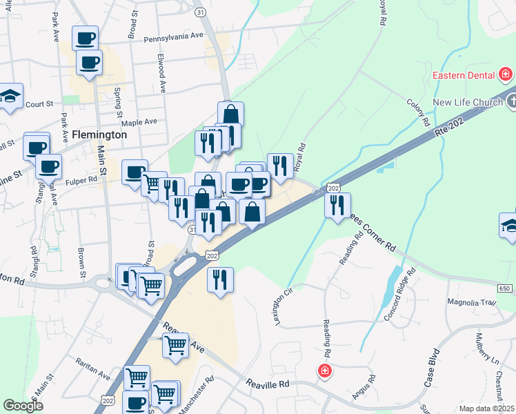 map of restaurants, bars, coffee shops, grocery stores, and more near 325 U.S. 202 in Flemington