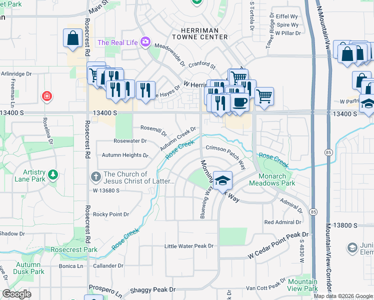 map of restaurants, bars, coffee shops, grocery stores, and more near 13522 Crimson Patch Way in Riverton