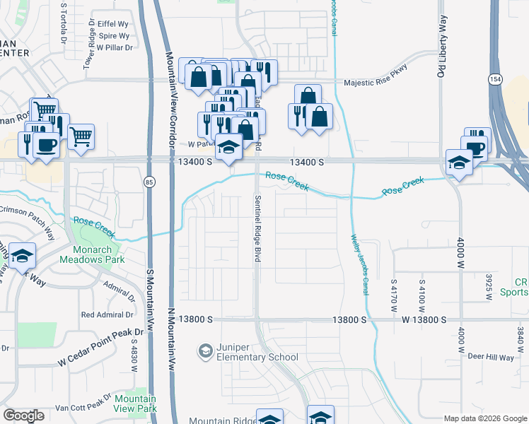 map of restaurants, bars, coffee shops, grocery stores, and more near 13533 Luther Lane in Riverton