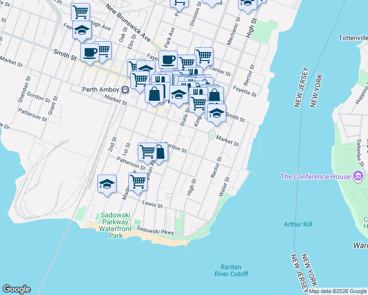 map of restaurants, bars, coffee shops, grocery stores, and more near 227 Kearny Avenue in Perth Amboy