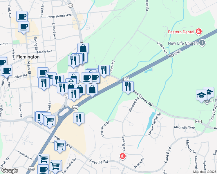 map of restaurants, bars, coffee shops, grocery stores, and more near 325 U.S. 202 in Flemington