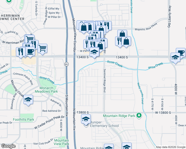 map of restaurants, bars, coffee shops, grocery stores, and more near 4587 13400 South in Riverton